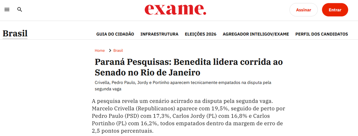 Exame cita pesquisa realizada para Paraná Pesquisas no Estado do Rio de Janeiro.