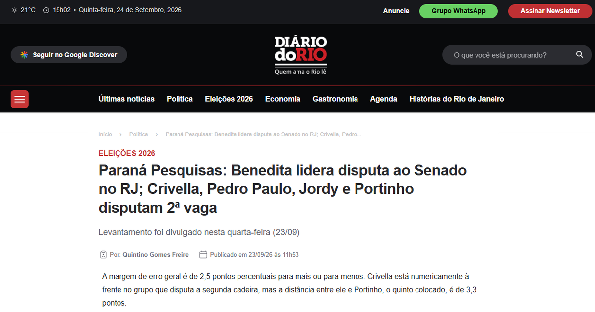 Diário do Rio cita pesquisa realizada para Paraná Pesquisas no Estado do Rio de Janeiro.