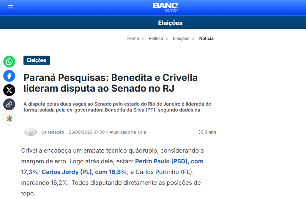 Band cita pesquisa realizada para Paraná Pesquisas no Estado do Rio de Janeiro.