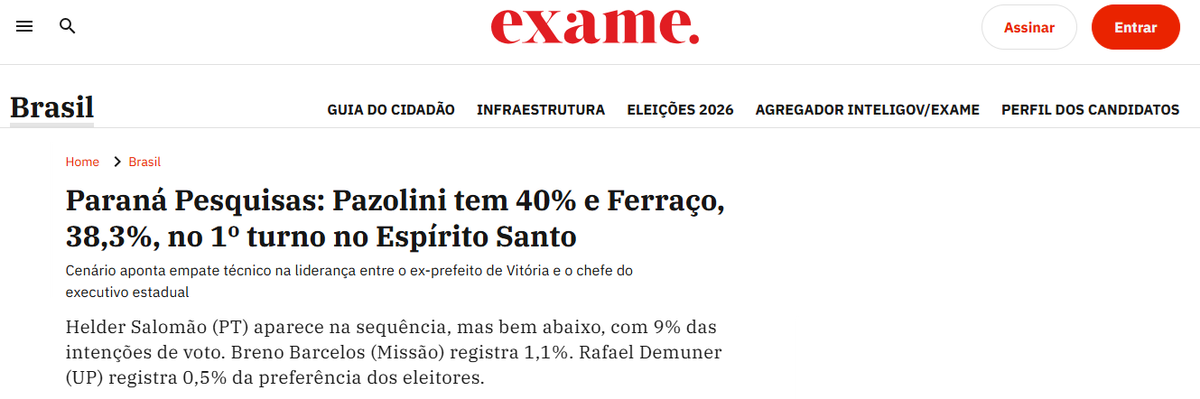 Exame cita pesquisa realizada para Paraná Pesquisas no Estado do Espírito Santo.