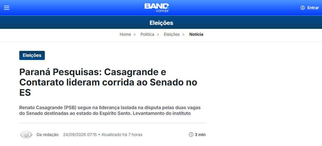 Band cita pesquisa realizada para Paraná Pesquisas no Estado do Espírito Santo.