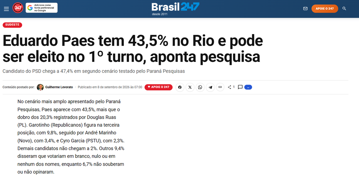 Brasil 247 cita pesquisa realizada para Paraná Pesquisas no Estado do Rio de Janeiro. 2 Brasil 247 cita pesquisa realizada para Paraná Pesquisas no Estado do Rio de Janeiro.