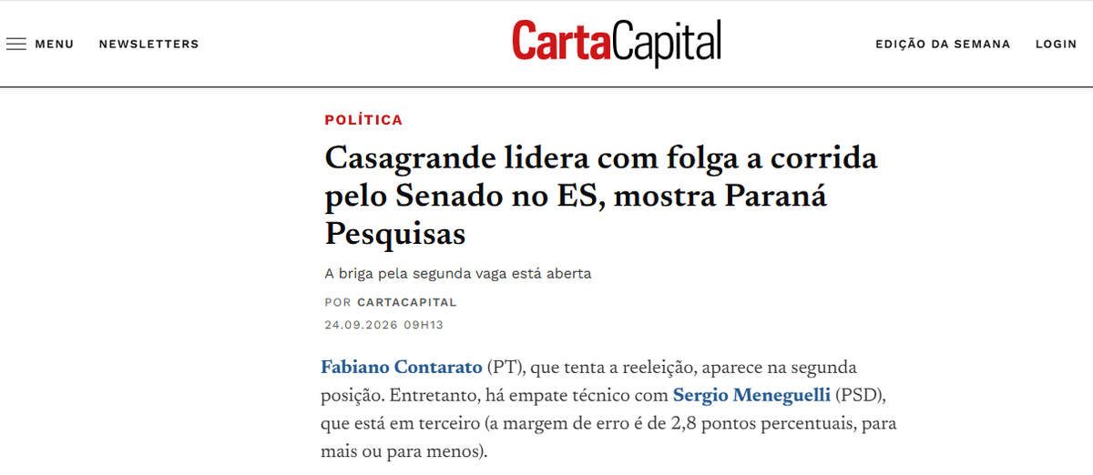 Carta Capital cita pesquisa realizada para Paraná Pesquisas no Estado do Espírito Santo. 2 Carta Capital cita pesquisa realizada para Paraná Pesquisas no Estado do Espírito Santo.