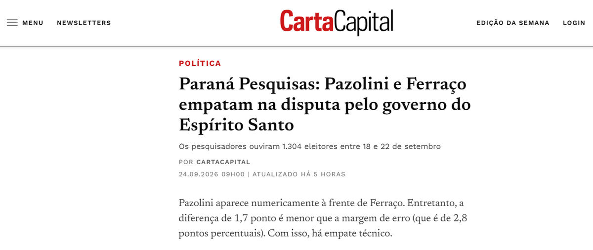 Carta Capital cita pesquisa realizada para Paraná Pesquisas no Estado do Espírito Santo.