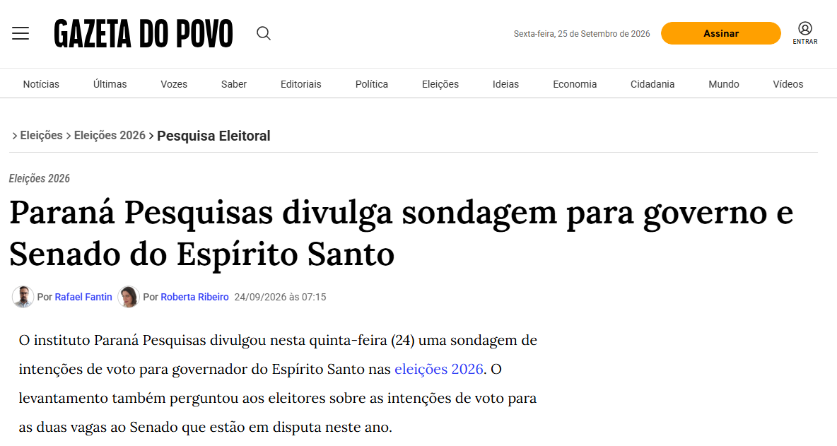 Gazeta do Povo cita pesquisa realizada para Paraná Pesquisas no Estado do Espírito Santo.