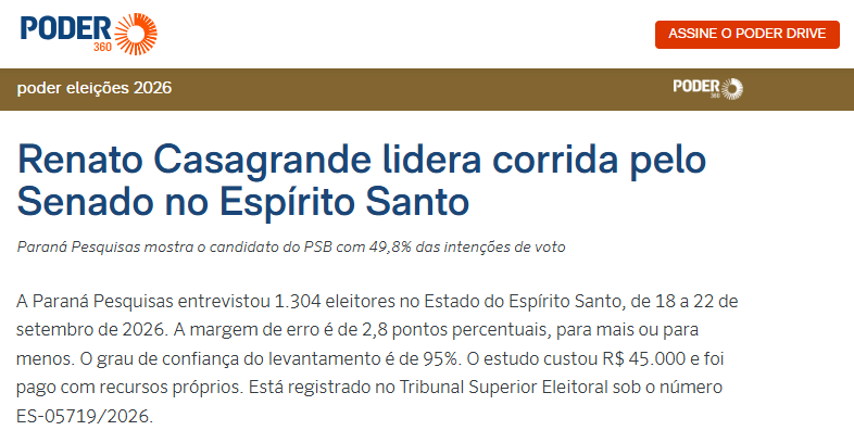 Poder 360 cita pesquisa realizada para Paraná Pesquisas no Estado do Espírito Santo.