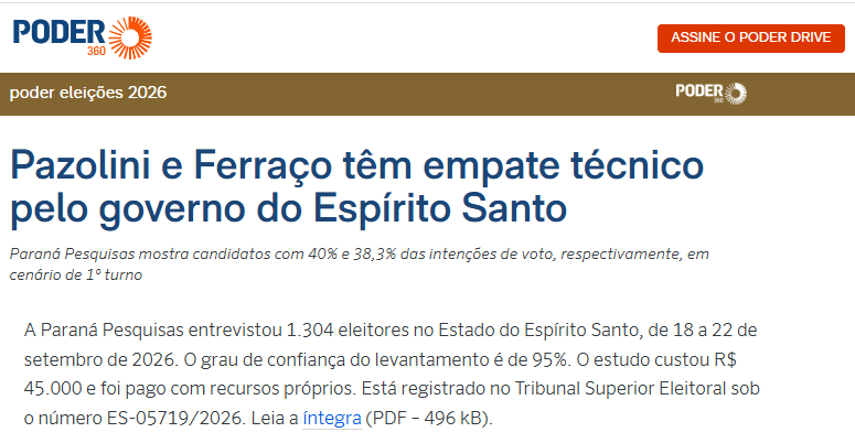 Poder 360 cita pesquisa realizada para Paraná Pesquisas no Estado do Espírito Santo.