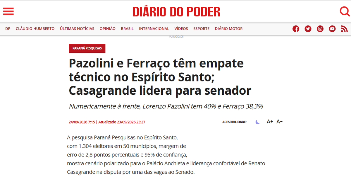 Diário do Poder cita pesquisa realizada para Paraná Pesquisas no Estado do Espírito Santo. 2 Diário do Poder cita pesquisa realizada para Paraná Pesquisas no Estado do Espírito Santo.
