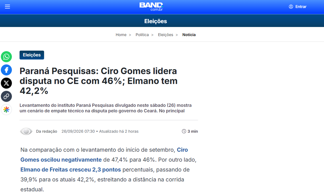 Band cita pesquisa realizada para Paraná Pesquisas no Estado do Ceará. 2 Band cita pesquisa realizada para Paraná Pesquisas no Estado do Ceará.