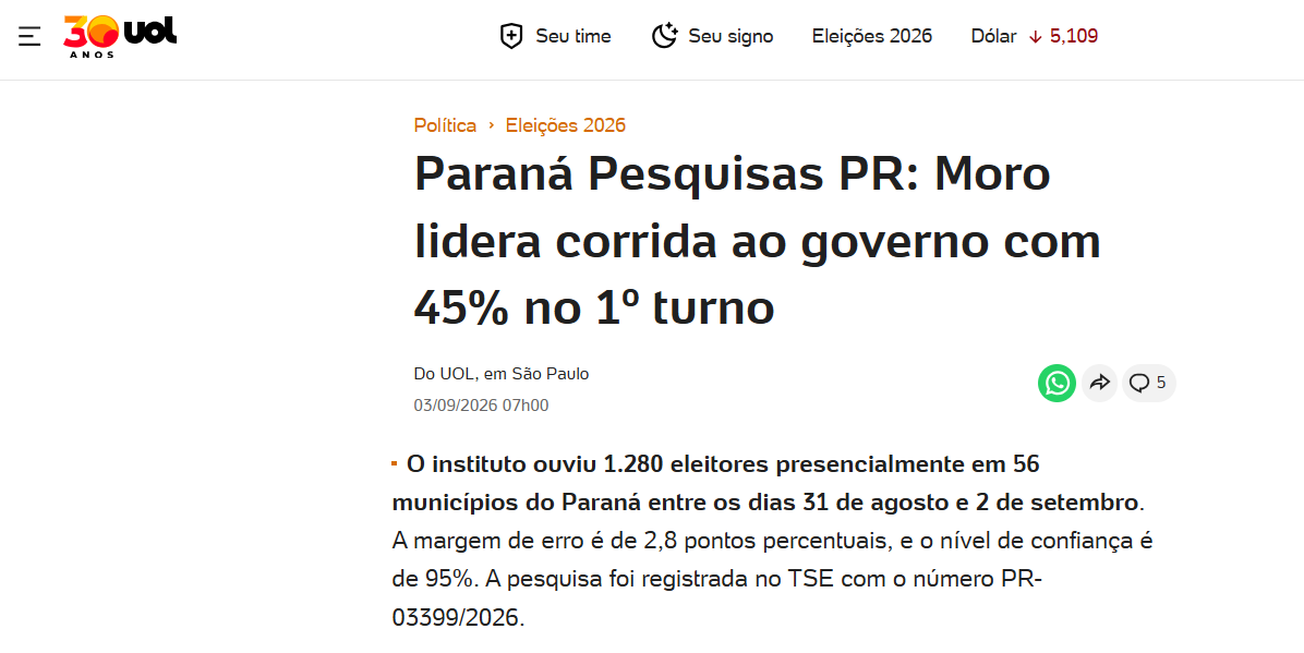 UOL Notícias cita pesquisa realizada para Paraná Pesquisas no Estado do Paraná. 2 UOL Notícias cita pesquisa realizada para Paraná Pesquisas no Estado do Paraná.