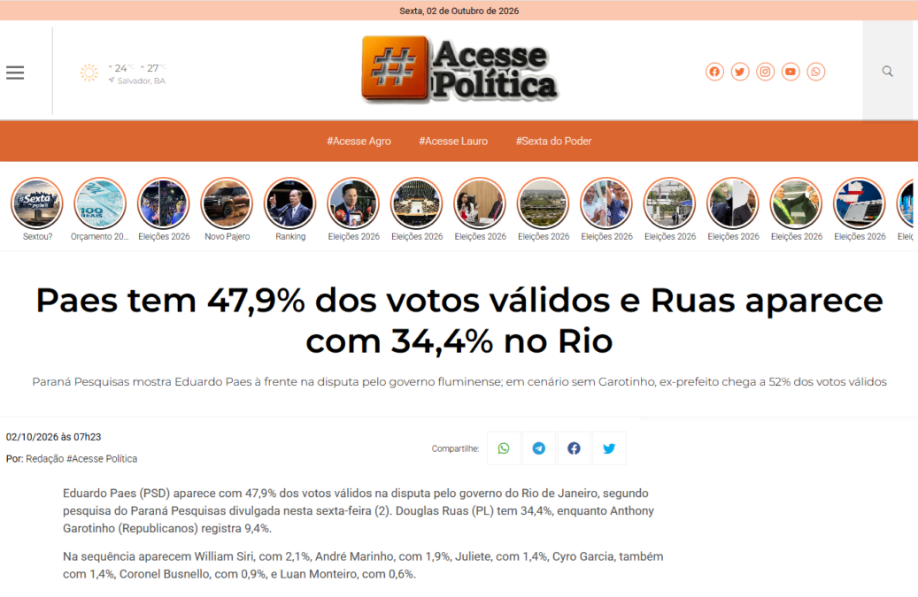 Acesse Política cita pesquisa realizada para Paraná Pesquisas no Estado do Rio de Janeiro.
