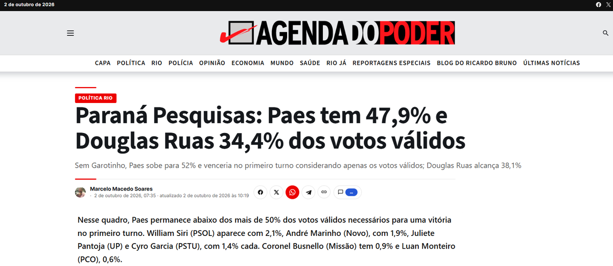 Agenda do Poder cita pesquisa realizada para Paraná Pesquisas no Estado do Rio de Janeiro.