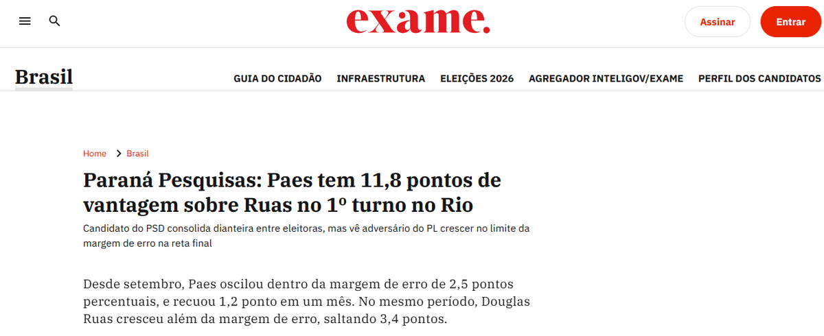 Exame cita pesquisa realizada para Paraná Pesquisas no Estado do Rio de Janeiro. 2 Exame cita pesquisa realizada para Paraná Pesquisas no Estado do Rio de Janeiro.