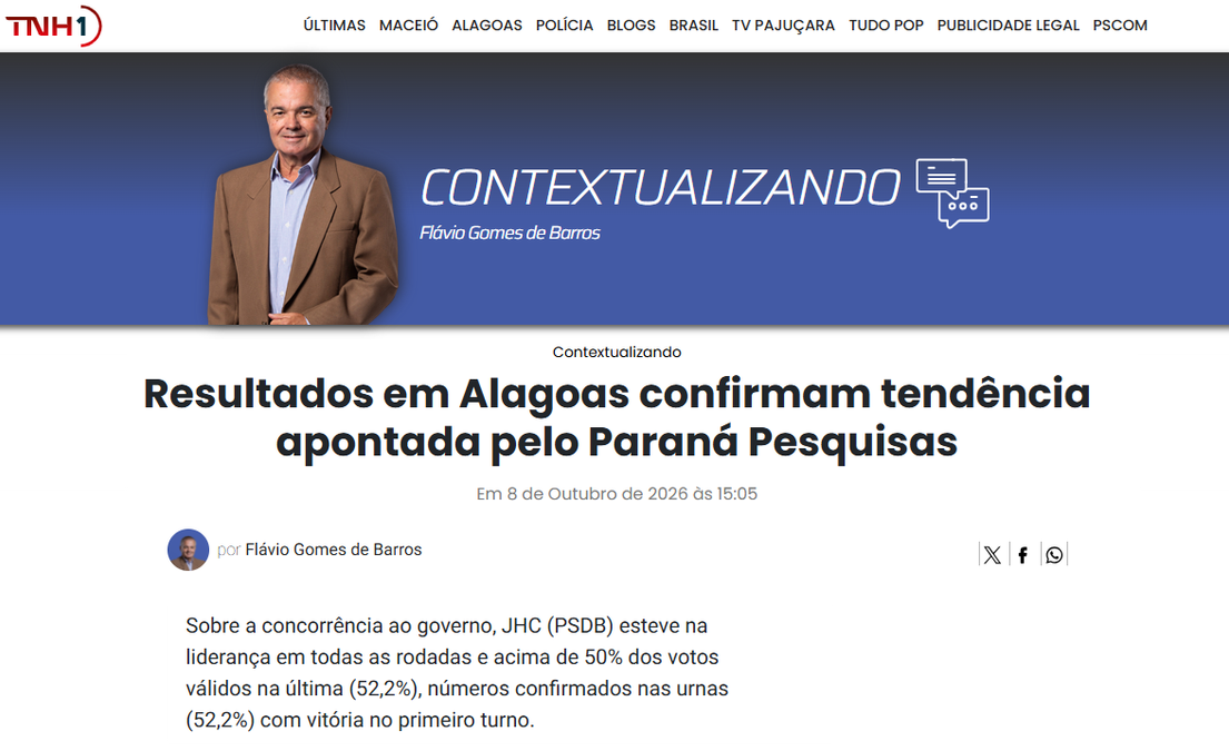 TNH1 cita pesquisa realizada para Paraná Pesquisas no Estado de Alagoas. 2 TNH1 cita pesquisa realizada para Paraná Pesquisas no Estado de Alagoas.