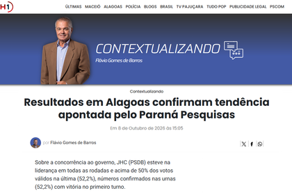 TNH1 cita pesquisa realizada para Paraná Pesquisas no Estado de Alagoas.