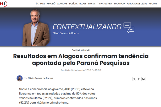 TNH1 cita pesquisa realizada para Paraná Pesquisas no Estado de Alagoas.