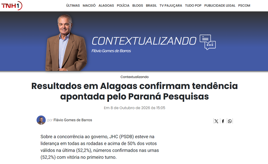 TNH1 cita pesquisa realizada para Paraná Pesquisas no Estado de Alagoas.