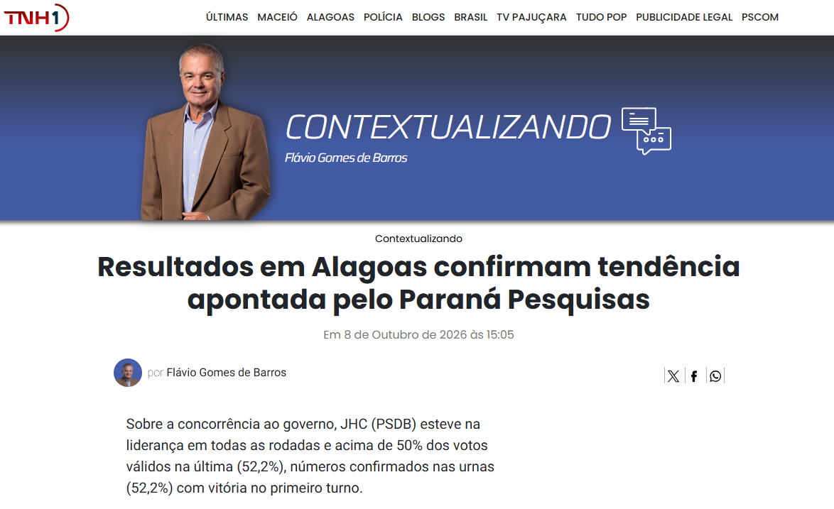TNH1 cita pesquisa realizada para Paraná Pesquisas no Estado de Alagoas.