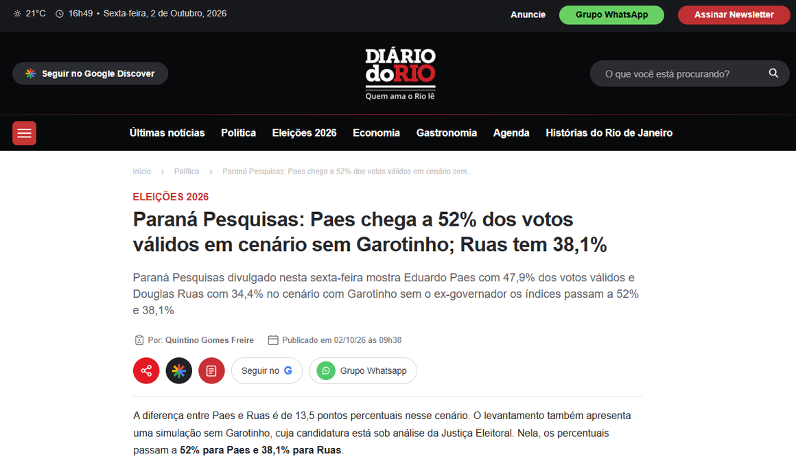 Diário do Rio cita pesquisa realizada para Paraná Pesquisas no Estado do Rio de Janeiro. 2 Diário do Rio cita pesquisa realizada para Paraná Pesquisas no Estado do Rio de Janeiro.