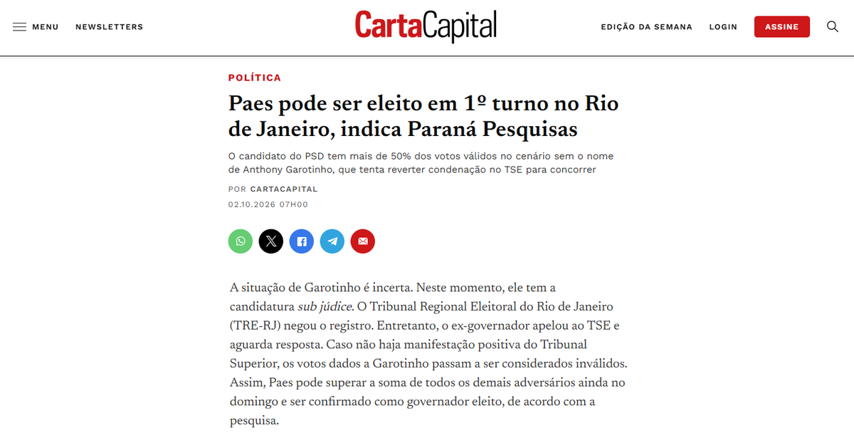 Carta Capital cita pesquisa realizada para Paraná Pesquisas no Estado do Rio de Janeiro. 2 Carta Capital cita pesquisa realizada para Paraná Pesquisas no Estado do Rio de Janeiro.
