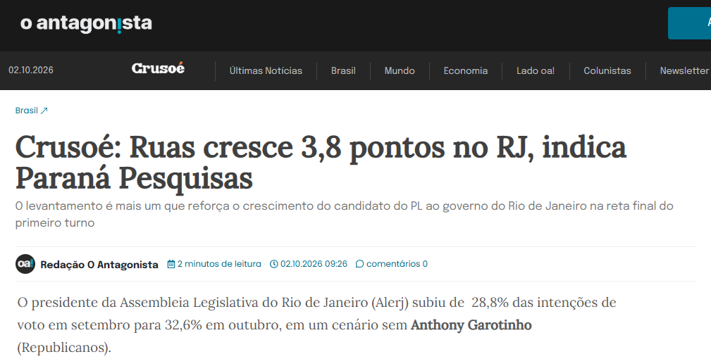 O Antagonista cita pesquisa realizada para Paraná Pesquisas no Estado do Rio de Janeiro. 2 O Antagonista cita pesquisa realizada para Paraná Pesquisas no Estado do Rio de Janeiro.