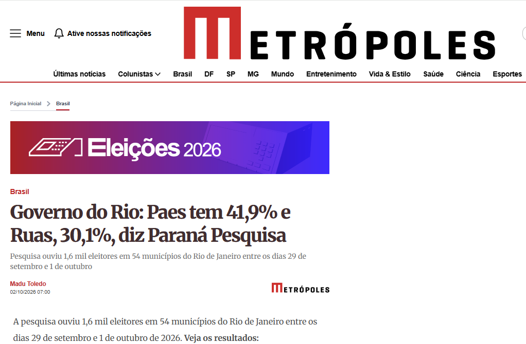 Metrópoles cita pesquisa realizada para Paraná Pesquisas no Estado do Rio de Janeiro.