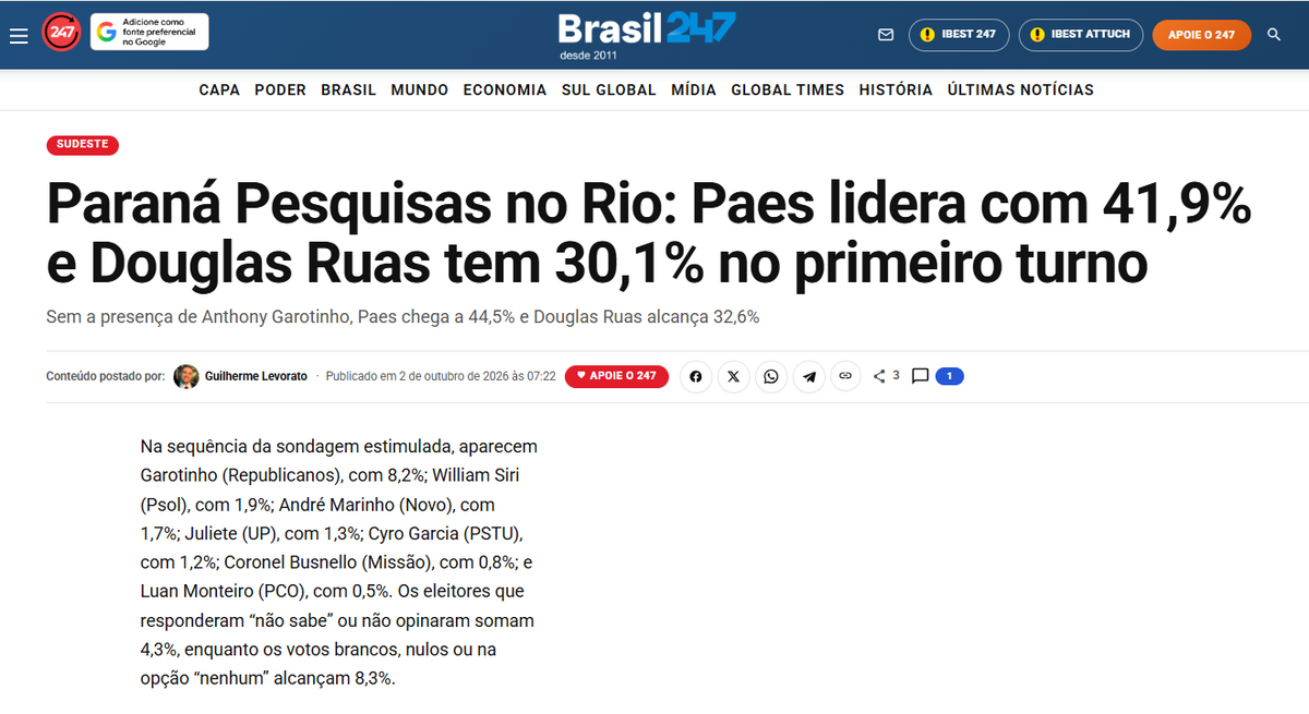 Brasil 247 cita pesquisa realizada para Paraná Pesquisas no Estado do Rio de Janeiro. 2 Brasil 247 cita pesquisa realizada para Paraná Pesquisas no Estado do Rio de Janeiro.